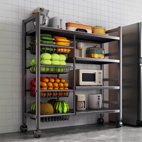 오콘토 이동식 주방 선반 다층 채소과일 수납선반 렌지대 수납장 다용도 철재 진열장, 4단, 블랙