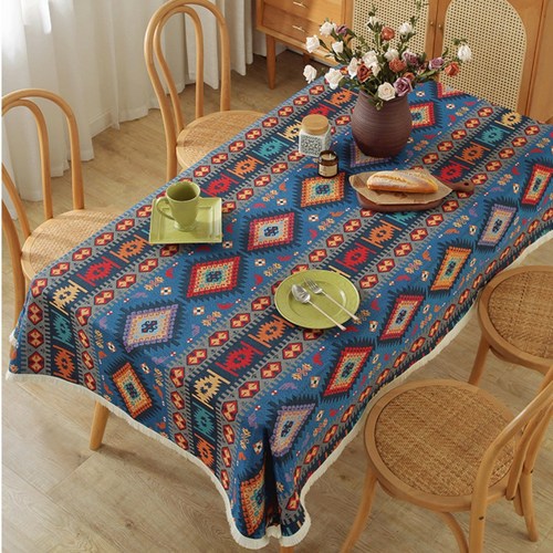 띠세로스 두툼한 보헤미안스타일 린넨 식탁보, 90*90, 블루, 1개