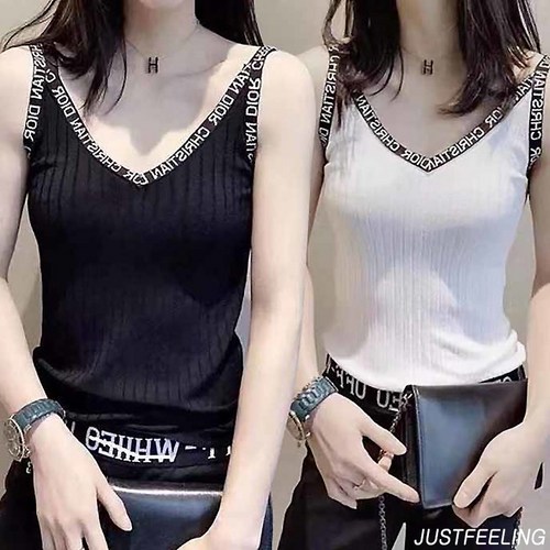 JUSTFEELING 2P 여성 브이넥 끈나시 니트 티셔츠 슬림핏 스판 기본 나시티