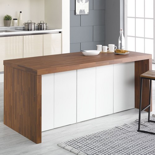 데코앤비 비스트로 1800_ㄷ형 아일랜드 식탁 수납 홈바 테이블, 화이트_상판 오크