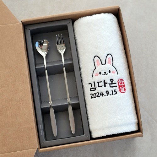 롱티스푼/롱포크 2p + 세면타올 세트 완포장 (결혼식 개업 돌잔치 조문 승진 퇴사 생일 프리미엄 돌답례품), 2)그레이스 실버 롱티스푼 롱포크 2p, 4) 클래식코튼 170g (+550), 1개