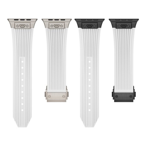 엔인원 애플워치 호환 실리콘 스트랩 메탈 디버클 시계줄 스트라이프 디자인, 블랙+화이트