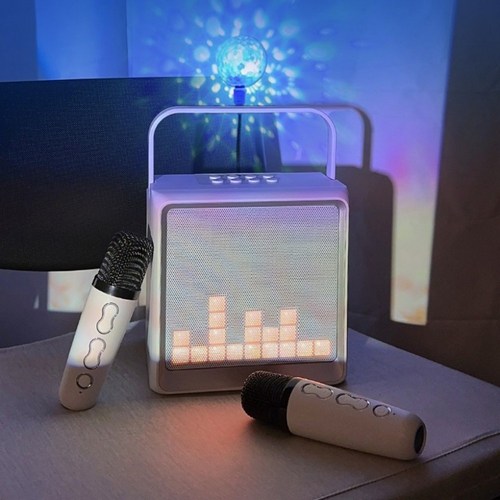 커먼플레이스 테트리스 무선 듀얼 블루투스 노래방 마이크 30W 고출력 사운드 + 미러볼 증정, 스노우 화이트+미러볼1개