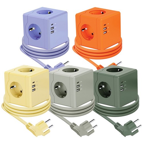 티메코 SF코팅 큐브 디자인 멀티탭 4000W 고용량 3구 (USB-A 2개 C타입 1개), 1개, 라벤더 SF02, 1.8m