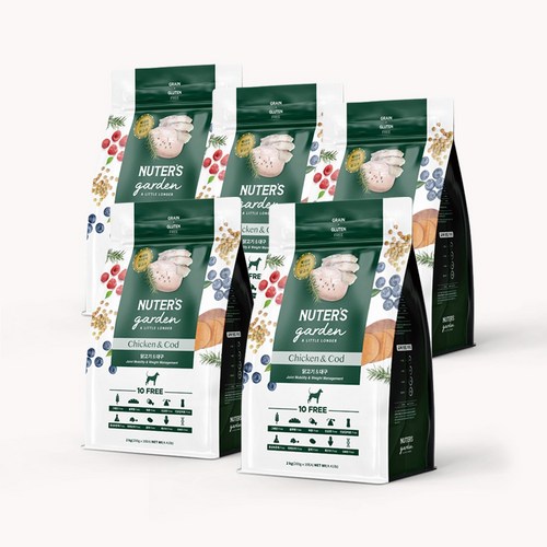 누터스가든 강아지사료 치킨앤대구 독 10kg 관절 다이어트 닭고기 기호성, 5개, 2kg, 닭