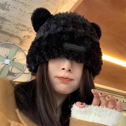 일월전빵 뽀글 따숩 곰돌이귀 라벨 포인트 퍼 비니 곰돌이 양털 방한 겨울 모자 BW-H034