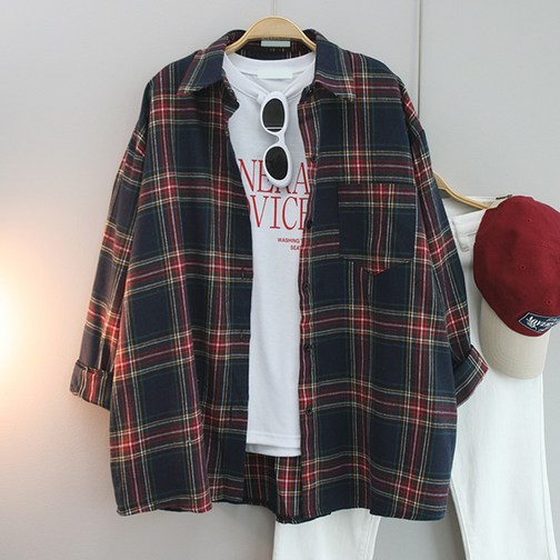 달콩 여성 빅사이즈 봄신상 카라셔츠 아잉체크오버핏롱셔츠