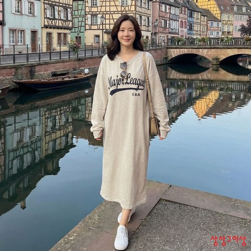 상상그이상 여성용 국내제작 간절기 메이저 원피스 빅사이즈 오버핏 면100 레터링 포인트 마실룩 홈웨어룩