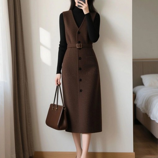 AOKADA 여성 가을 겨울 프렌치 브이넥 원피스 허리 조임 베스트 원피스