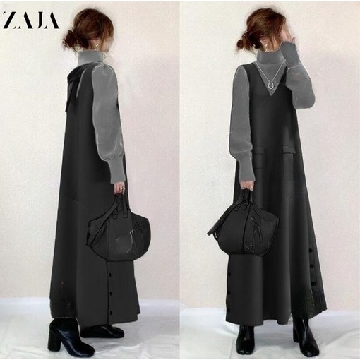 ZAJA 여성 겨울 원피스  긴팔 브이넥 배색 루즈핏 롱원피스