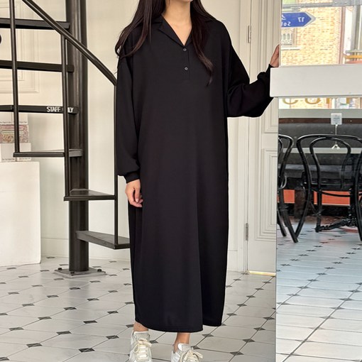 봉봉스토리 여성용 시티크 버튼 카라 롱 원피스 루즈핏 데일리 빅사이즈 임부복