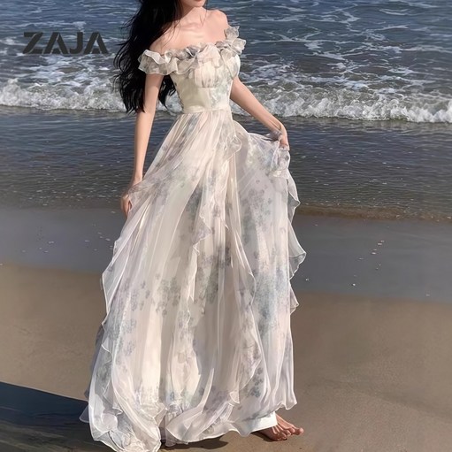ZAJA 여성 프릴 오프숄더 롱원피스 바캉스 추천 플라워 쉬폰 하객룩
