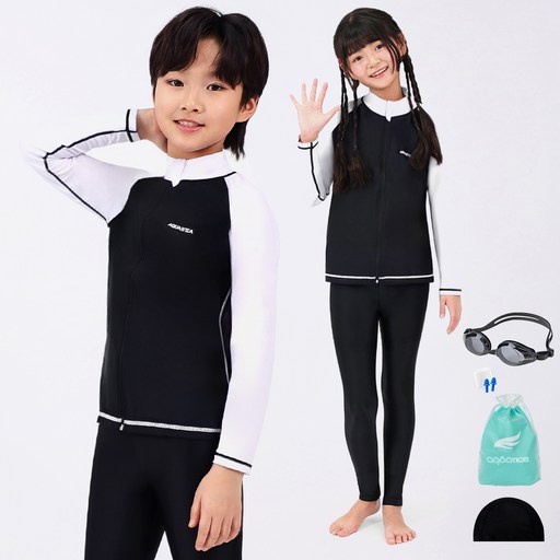 아쿠아티카 아동용 래쉬가드 상하의 + 스판수모 + 비닐백+ 일반용수경 + 실리콘 귀마개 세트 AQAJJ451+415
