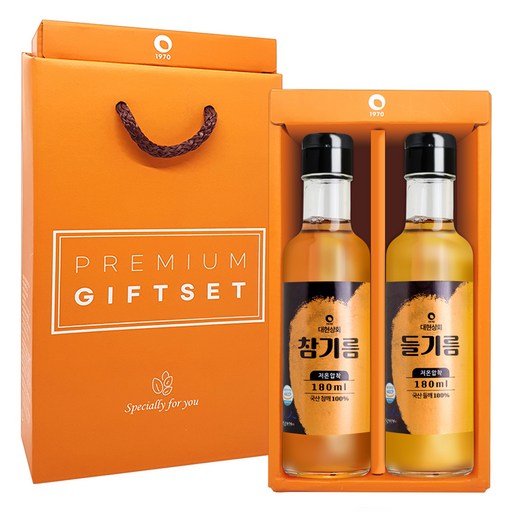 대현상회 저온압착 국산 참기름 들기름 180ml 2병 선물세트