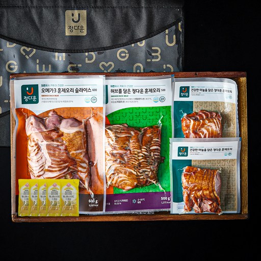 정다운 오메가3 훈제오리 슬라이스 600g + 허브를 담은 훈제오리 500g + 마늘을 담은 훈제오리 400g + 머스타드소스 12g x 5p 선물세트 1호