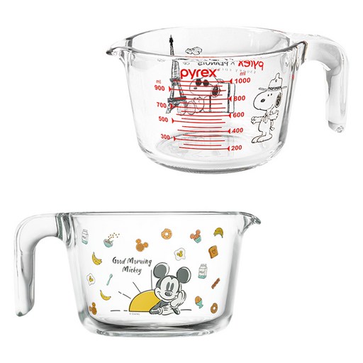 파이렉스 디즈니 굿모닝미키 계량컵 1000ml + 스누피 계량컵 1000ml 세트