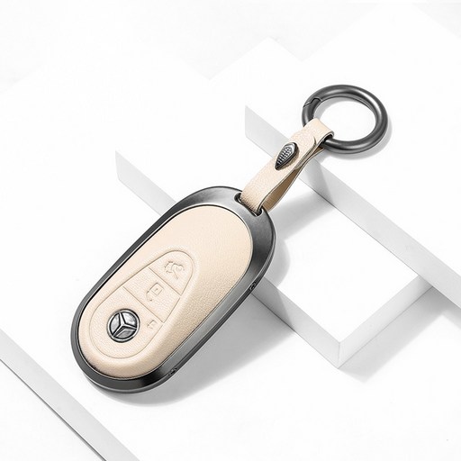 크로니클 루크라인 벤츠전용 프리미엄 메탈 가죽 키케이스 타원형, 베이지