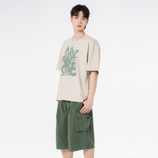 모즈모즈 브러시 로고 반팔 + 스톤워싱 와이드 카고 반바지 셋업