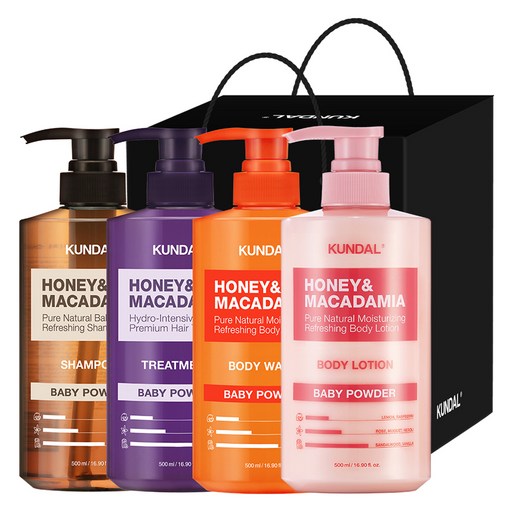 쿤달 샴푸 500ml + 트리트먼트 500ml + 바디워시 500ml + 바디로션 500ml 4구 선물세트 C 베이비파우더 + 쇼핑백 블랙