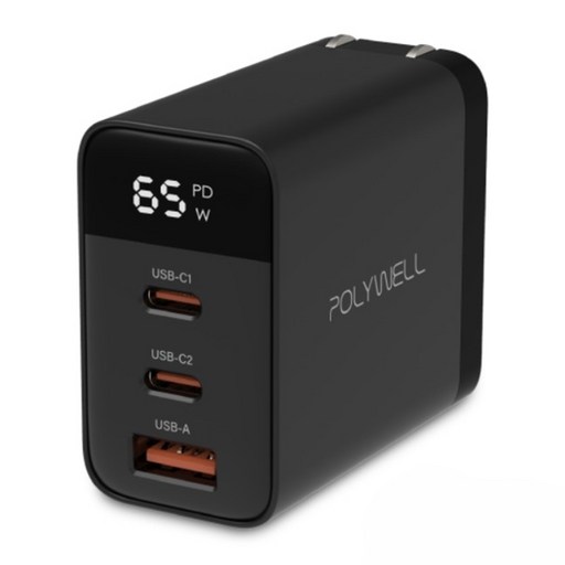 POLYWELL 寶利威爾 GaN氮化鎵數顯三孔PD快充頭 65W Type-C 2個 + USB-A PW15-T05-A193, 黑色, 1個