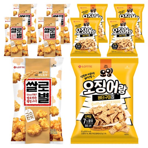 롯데웰푸드 오잉 오징어랑 버터구이칩 55g 5p + 쌀로별 고소한맛 78g 5p