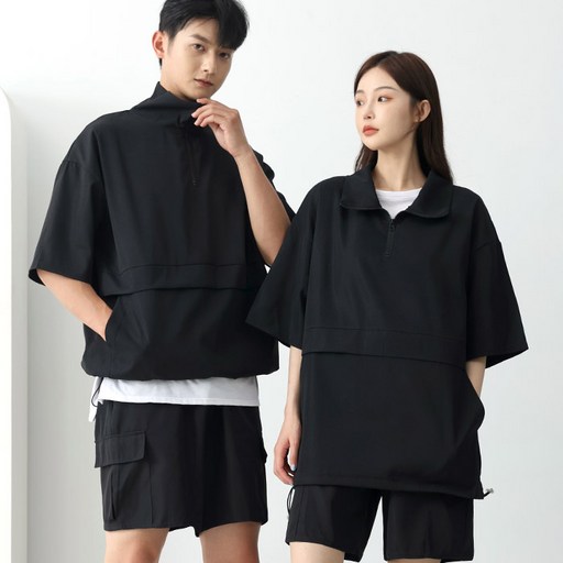 TURNKEY 男女通用 大尺碼 寬鬆版型 防風 Anorak 短袖拉鍊上衣 + 短褲 套裝 AJ-1400