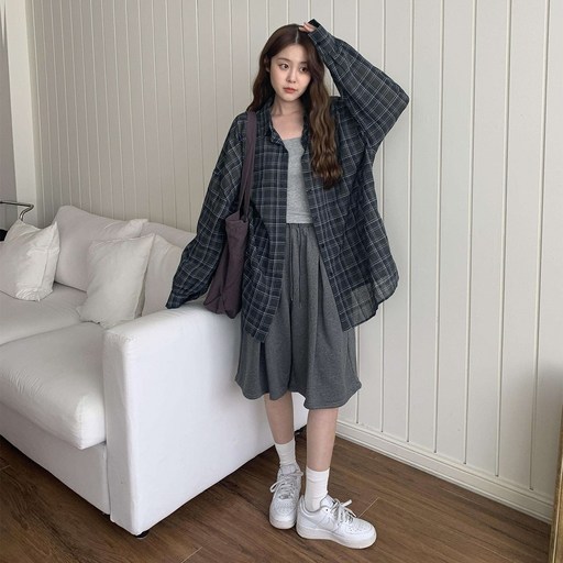 린다샵 여성용 화이튼 린넨 오버핏 써머 시스루 체크 셔츠 cpnb3245k55