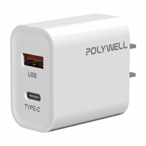 POLYWELL 寶利威爾 雙孔PD充電頭 20W Type-A + Type-C, 白色, 1個