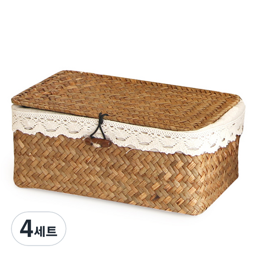 공간안애 뚜껑 사각 라탄바구니 + 커버 세트
