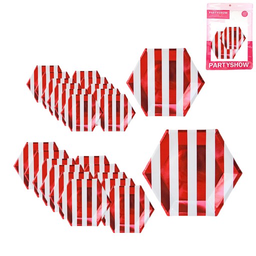 파티쇼 메탈릭 스트라이프 접시 레드 25cm 12p + 20cm 12p 파티 테이블 접시세트
