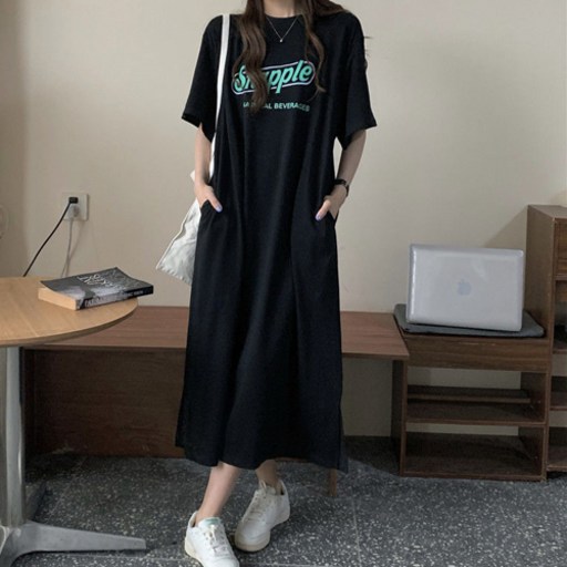Snaple 자유로운 중소매 임산부 루즈핏 롱 원피스