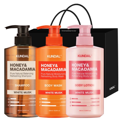 쿤달 샴푸 500ml + 바디워시 500ml + 바디로션 500ml 3구 선물세트 C 화이트머스크 + 쇼핑백 블랙