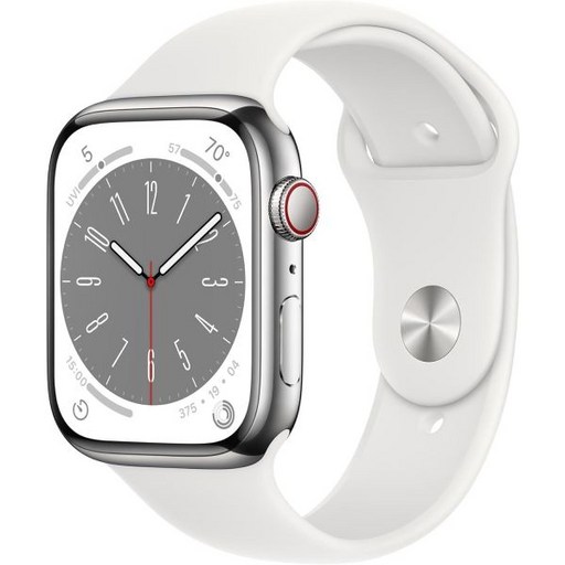 Apple Watch 시리즈 8GPS  셀룰러, 41mm  흰색 스포츠 밴드 ML이 포함된 실버 스테인리스 스틸 케이스아마존 공식 리퍼비시