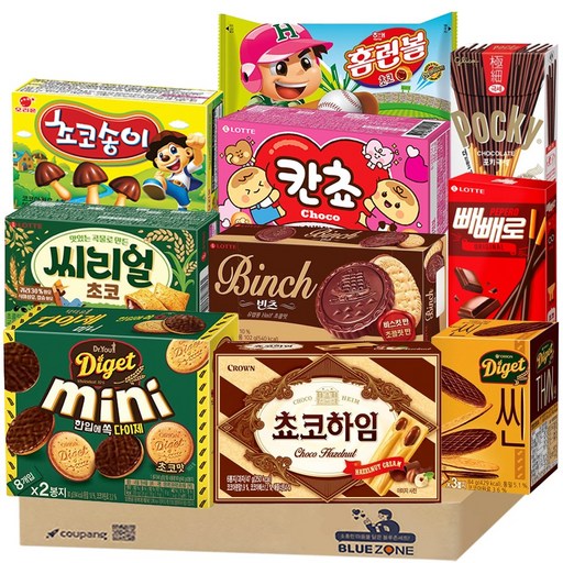 [블루존] 초코 곽과자 10종 세트 (빼빼로54g+포키극세44g+초코송이50g+초코하임47g+칸쵸54g+씨리얼42g+홈런볼41g+다이제씬84g+다이제미니80g+빈츠102g)