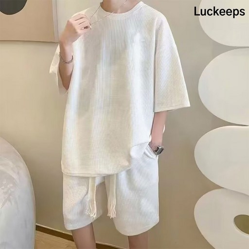 LUCKEEPS 여름 남자 루즈핏 트레이닝복 세트 데일리 캐주얼 반팔 반바지 세트 남성투피스 와플 츄리닝세트 빅사이즈 운동복세트 상하세트