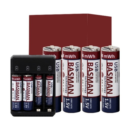 바스맨 2세대 C타입 충전식 건전지 리튬이온 배터리 AA + 전용 충전기 번들 (1650mAh)