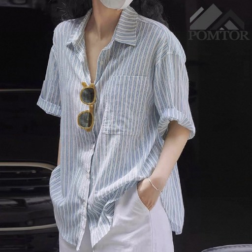 POMTOR 여성 여름 반팔 스트라이프 루즈핏 빅사이즈 셔츠