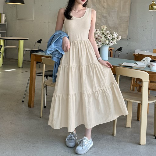 데일리앤 이올라 민소매 이너 레이어드 나시 플레어 캉캉 셔링 롱 바스락 원피스 봄 여름 가을
