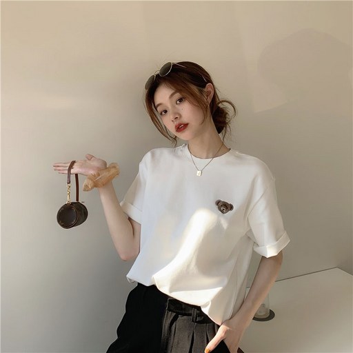 스타일아유 여성 베어 곰돌이 반팔 심플 라운드 티셔츠
