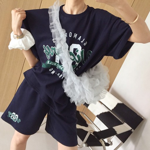 [아이미마인] 팩트 레터링 라운드 루즈핏 트임 반팔 맨투맨 밴딩반바지 여름 트레이닝세트 (4color)