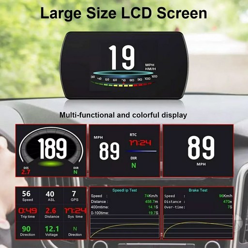 T800 자동차 HUD 헤드업 디스플레이 디지털 GPS 속도계 항해 각도 고도 속도 상승 테스트 브레이크 전압 시스템 알람, 1개