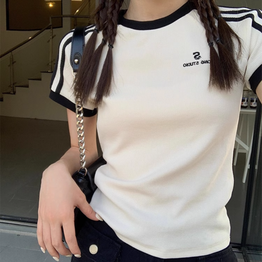여성용 여름 정어깨 라운드넥 슬림핏 반팔 티셔츠