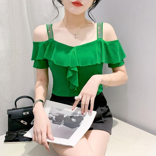 시우리치 여성 라인댄스복 상의 오프숄더 러플 라틴 무대의상
