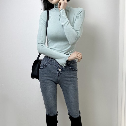 가을 겨울 슬림핏 딱붙는 목티 소프트 플라워 스판 폴라 티셔츠 이너티셔츠