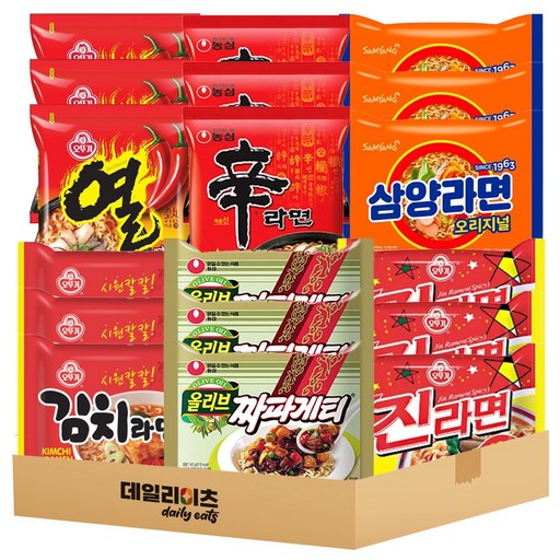 [데일리이츠] 봉지라면 6종류 3개씩 총 18봉지 세트 (신라면3 짜파게티3 진라면 매운맛3 열라면3 김치면3 삼양라면3)