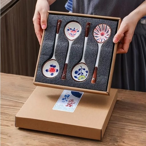 세련된 우동 도자기 서빙스푼 4종 세트 세라믹 전통무늬 숟가락 디저트 스푼 대왕수저