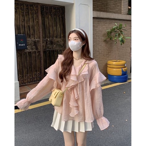 Komorebi 블라우스 프릴 핑크 블라우스 이른 봄 상의 프렌치 디자인 감각 소인 긴팔 부드러운 바람 센슈얼룩