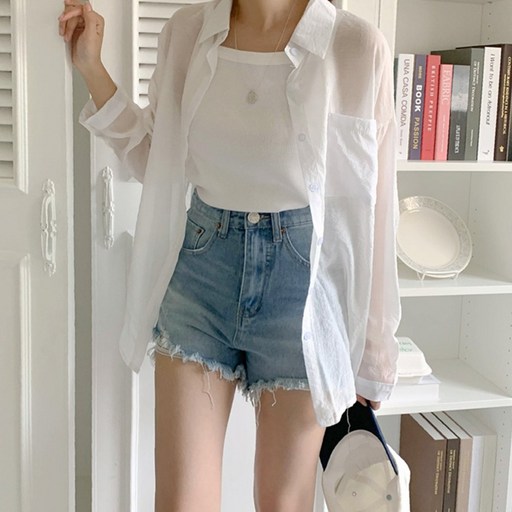 [뉴데이]여성 베이직 시스루 포켓 셔츠 빅사이즈 오버핏 남방 박시핏 루즈핏