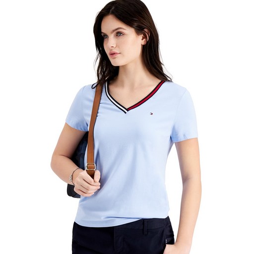 타미힐피거 여자 반팔 골지 브이넥 로고 티셔츠 비비드 3컬러 Logo V-Neck T-Shirt