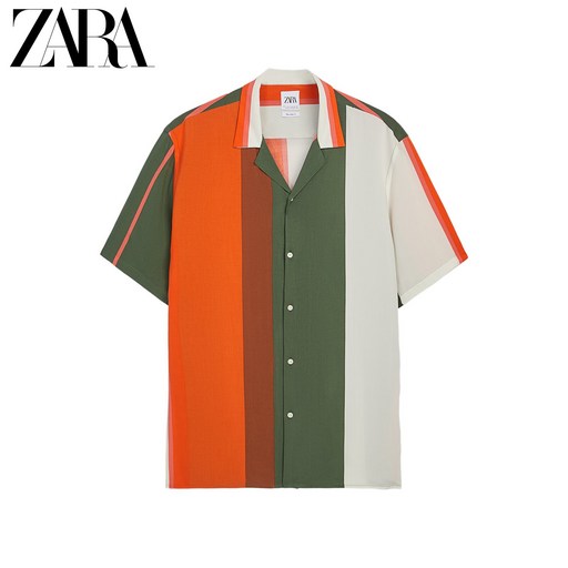 해외 ZARA 자라 남자 스트라이프 오픈 카라 반팔 하와이안 셔츠 남방-45591